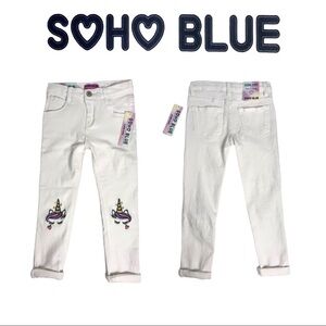 NWT SoHo Blue White Jeans, Unicorns on Knees